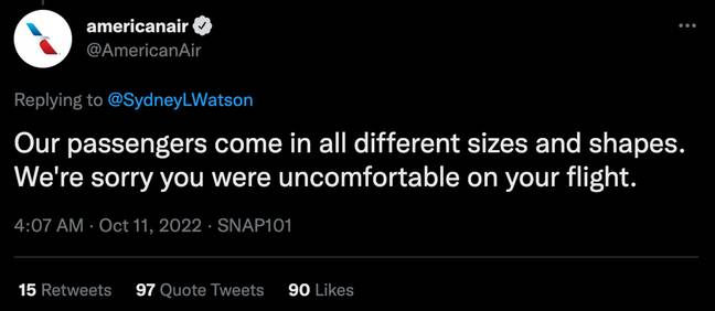 American Airlines apologised to Dr Watson but explained passengers 'come in all different shapes and sizes'. Credit: @americanair/ Twitter