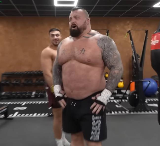 Hall let out some burps which Tommy Fury worried were about to signal vomit. Credit: YouTube/Eddie Hall The Beast