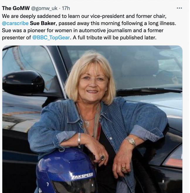 Sue Baker passed away at the age of 75 after suffering with motor neurone disease. Credit: @gomw_uk/Twitter