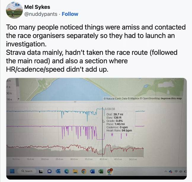 The runner's inconsistent Strava data exposed the controversy. Credit: Twitter/@nuddypants