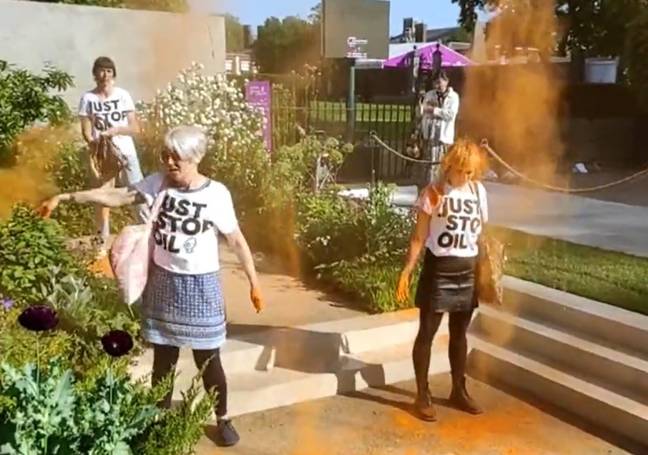 Three activists from Just Stop Oil entered a garden at the Chelsea Flower Show and threw orange paint powder into the air. Credit: Twitter/@JustStop_Oil