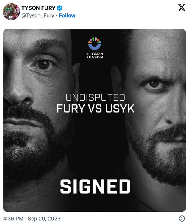 Tyson Fury has signed the contract to fight Oleksandr Usyk. Credit: X/@Tyson_Fury