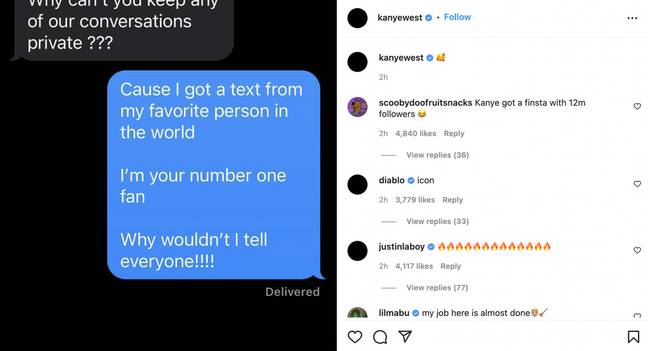 In a post that followed, West showed Kardashian asking the producer why he refused to keep their conversations private (Instagram Kanye West).