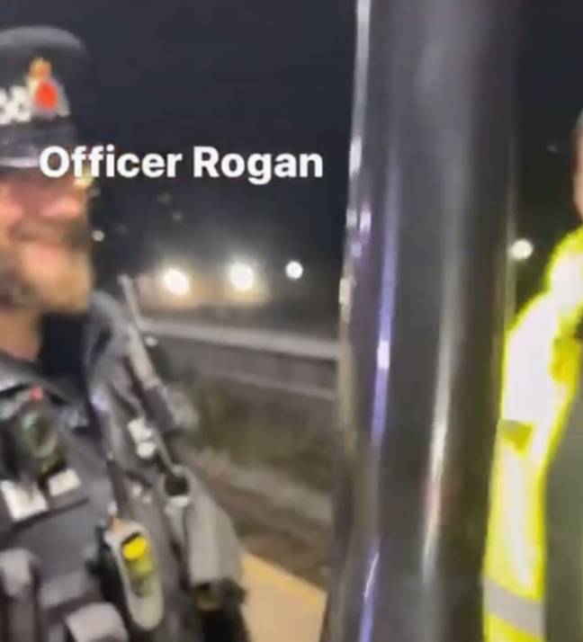 Someone off camera poked the police officer with a balloon sword. Credit: @rubygab/ TikTok