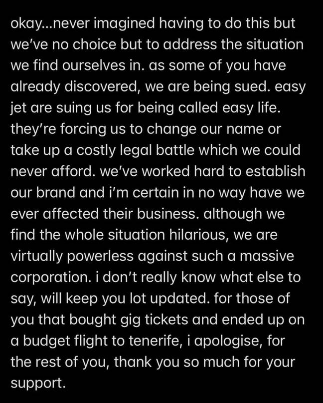Easy Life say they are being sued by easyJet's owner. Credit: Instagram/easylife