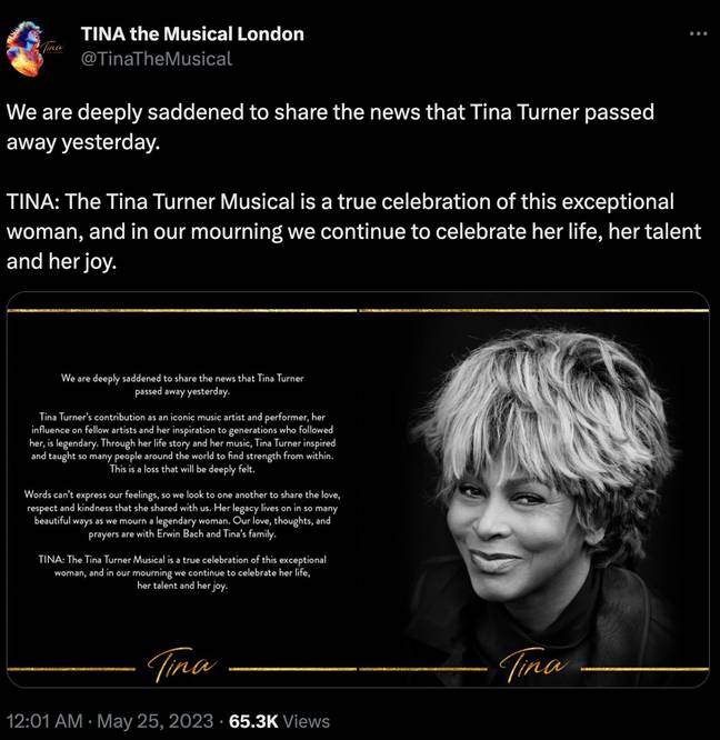 The musical held a one-minute silence for the star on the Thursday matinee. Credit: Twitter/ @TinaTheMusical