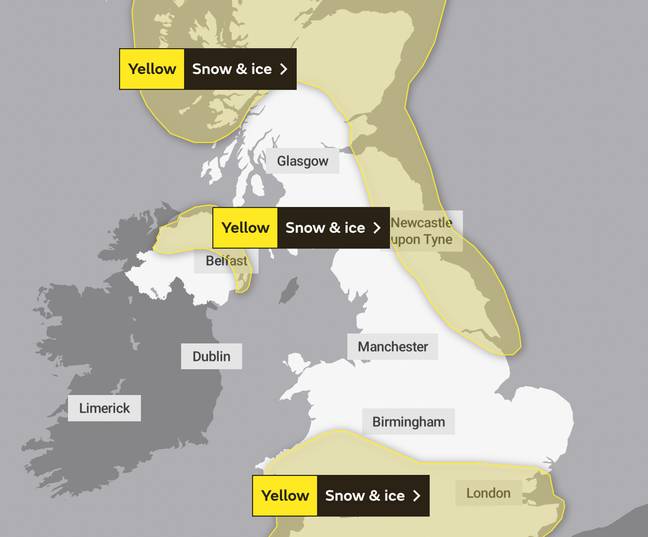 The yellow warning is in place in large parts of the UK. Credit: Met Office