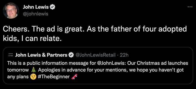 John took to social media shortly after the release of this year’s ad to explain why it resonated with him. Credit: Twitter