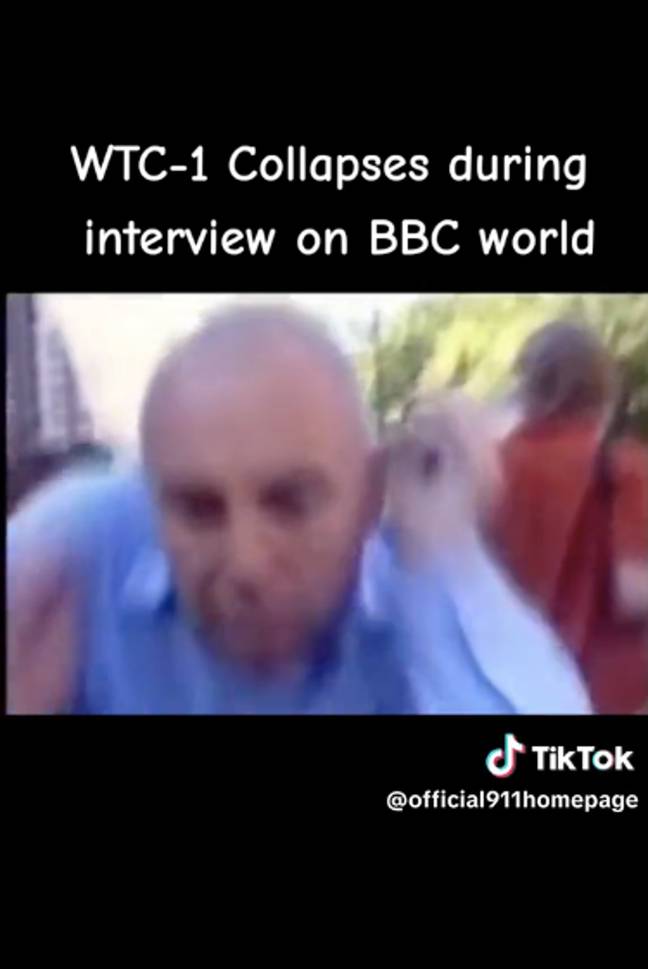 He then cowers realising that the tower is collapsing Credit: TikTok/ @official911homepage/ BBC