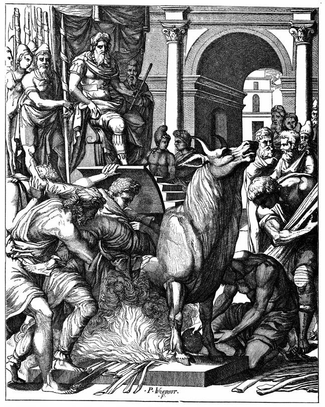 An artist's impression of Phalaris testing the Brazen Bull on Perilaus, the inventor of the torture device. Credit: World History Archive / Alamy Stock Photo
