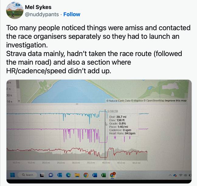 Ultra runner Mel Sykes shared the dubious data on Twitter. Credit: Twitter/@nuddypants