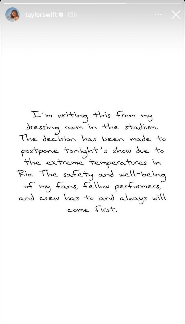 Taylor Swift explained that the concert had been postponed. Credit: Instagram/@taylorswift