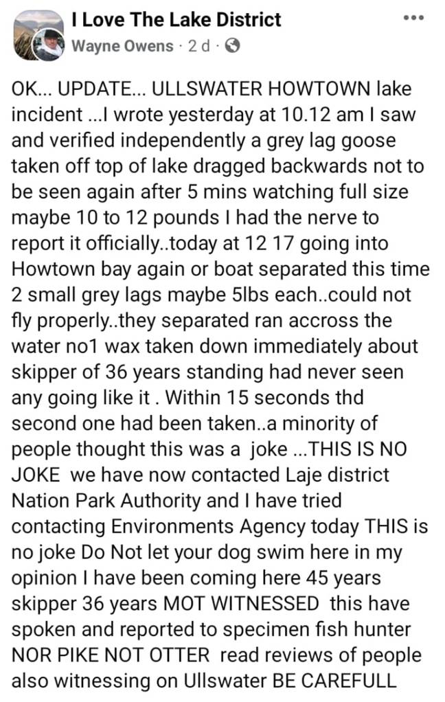 Wayne Owens posted his warning in a group called 'I Love The Lake District'. Credit: Wayne Owens/ Facebook 