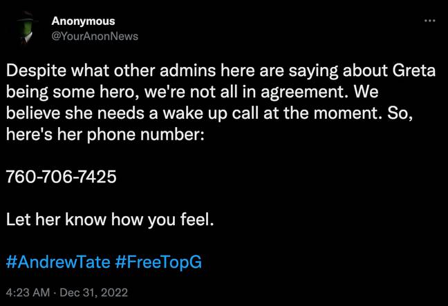 Anonymous has pranked the internet by pretending to release Greta Thunberg's number. Credit: @YourAnonNews/Twitter