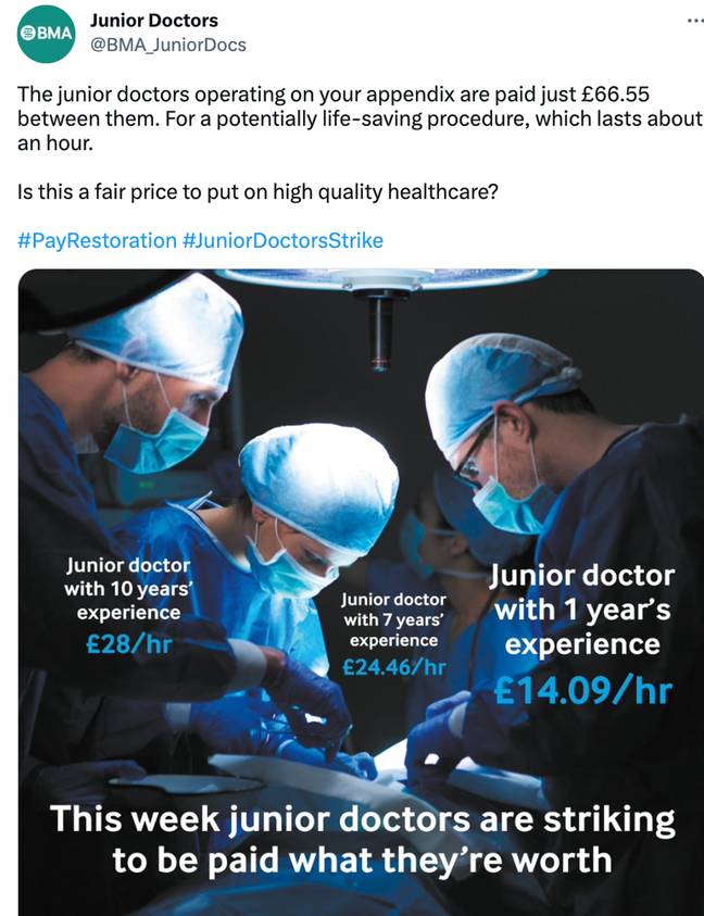 The BMA has highlighted the difference in pay between doctors. Credit: Twitter/@BMA_JuniorDocs