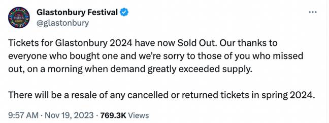 Tickets to Glastonbury sold out in under an hour today. Credit: X/@glastonbury
