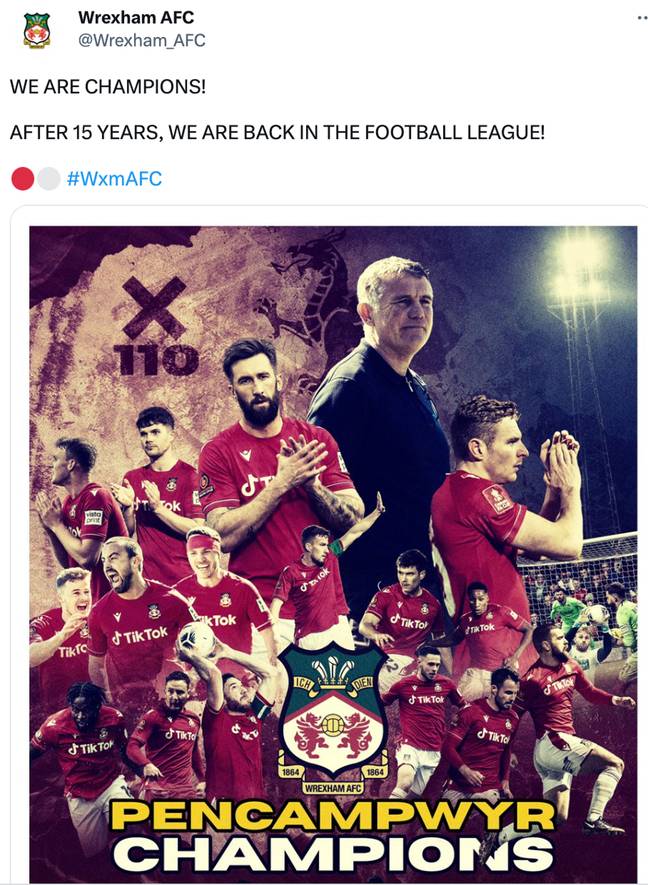 Wrexham will return to the football league after 15 years. Credit: Twitter/@wrexham_afc