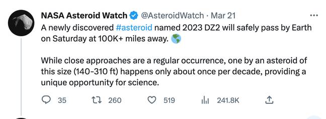 Astronomers are using 2023 DZ2 to learn more about asteroids. Credit: Twitter/@AsteroidWatch