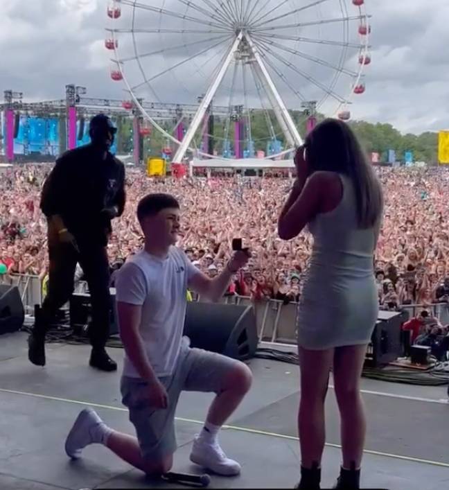 Myles Goodfellow proposed to his long-term girlfriend, Indy Geraghty, in front of around 80,000 people at this year's Parklife festival. Credit: LADbible