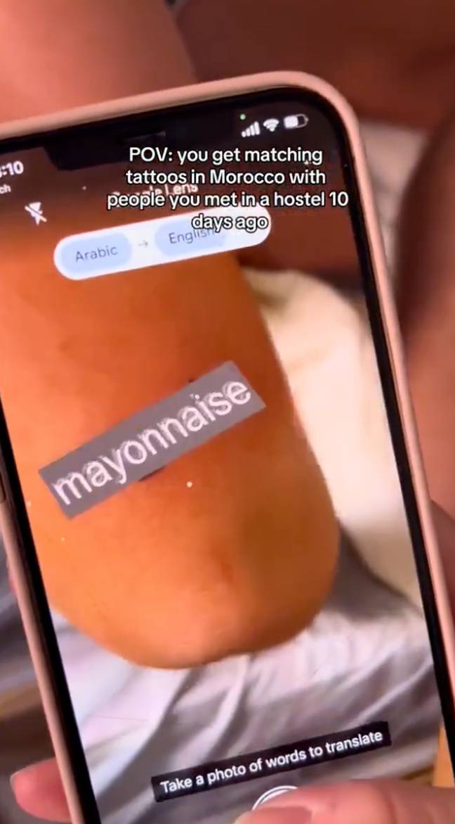 Yes mayonnaise, which is usually dolloped on your chips, rather than your arm. Credit: TikTok/@caitdelphine