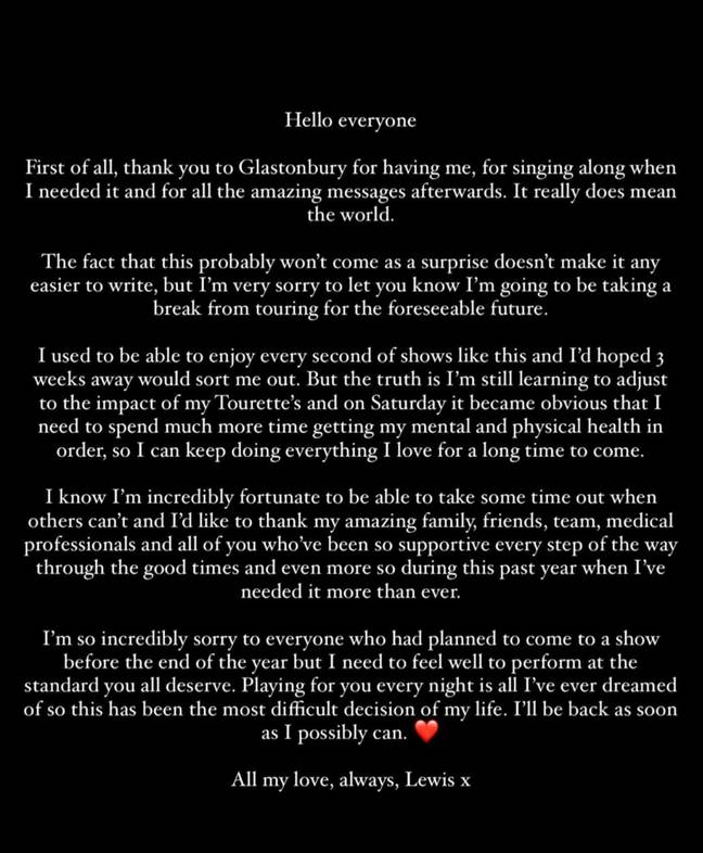 Lewis Capaldi released the following statement on his Instagram. Credit: Instagram/@lewiscapaldi