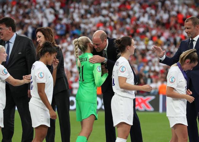 Prince William gave the Lionesses a hug after their historic win. Credit: Action Plus Sports Images/Alamy Stock Photo