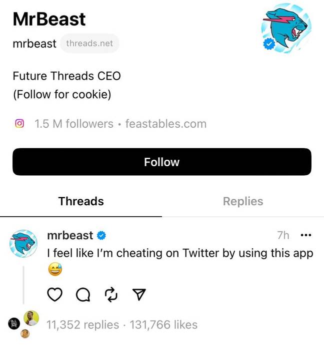 MrBeast is the first person on Threads to hit a million followers, and he's already well past that. Credit: Threads/mrbeast