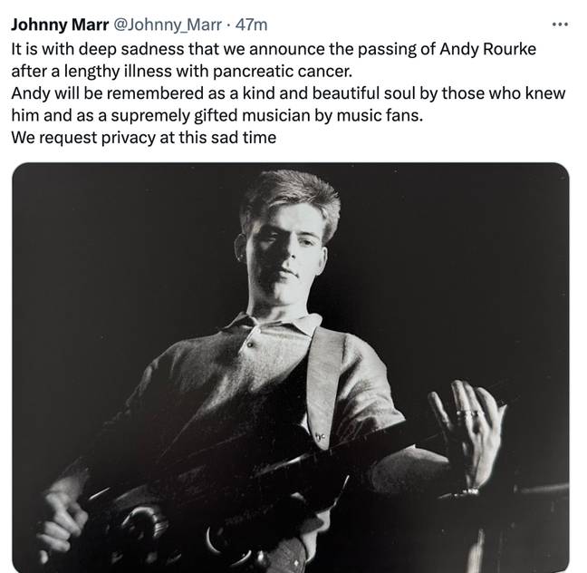Andy Rourke's death was announced on Twitter. Credit: Twitter/@Johnny_Marr