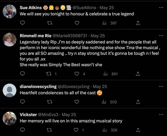 Cast and audience members have been left devastated by the news of Turner's passing. Credit: Twitter/ @TinaTheMusical 