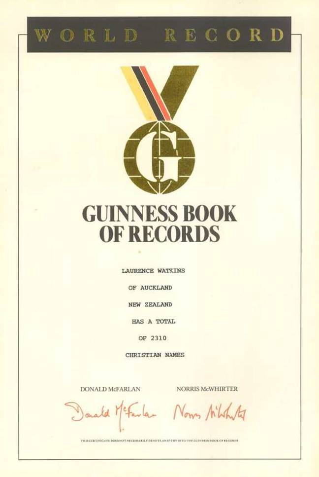 The certificate given to Watkins by the Guinness Book of World Records. Credit: laurencewatkins.com