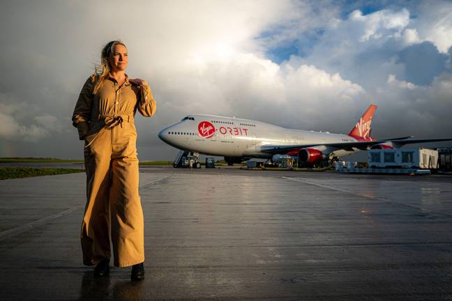 Head of Spaceport Cornwall, Melissa Thorpe, with the specially adapted 747. Credit: PA Images / Alamy Stock Photo