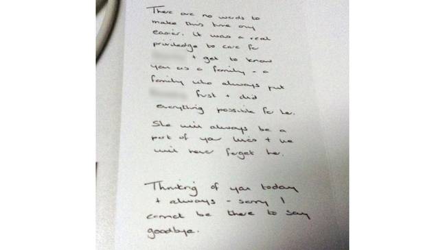 The sympathy card written to one the victims' parents. Credit: Cheshire Constabulary