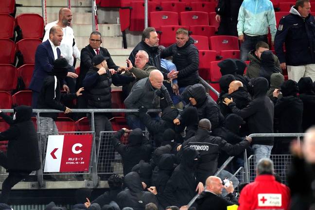 The 58-year-old, known as 'Knollsy', has been praised online after viral video emerged of him fending off an entire group of AZ Alkmaar fans single-handedly, following the Hammers’ progression to the Europa Conference League final. Credit: ANP / Alamy Stock Photo
