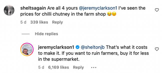 The Clarkson's Farm star was quick to respond to the criticism. Credit: Instagram/@jeremyclarkson1