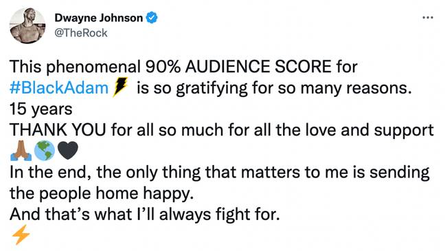 Dwayne Johnson has responded to the 'phenomenal' audience score for Black Adam. Credit: Twitter/@TheRock