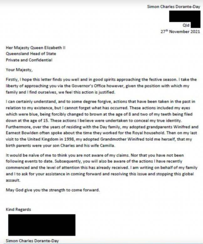 Simon's last letter to the Queen. Credit: 7 News