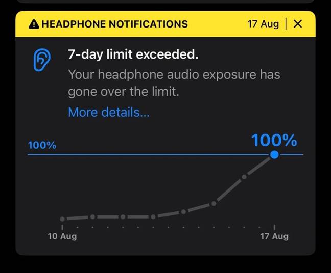 A warning will flag if your headphone noise levels have been too high. Credit: Apple