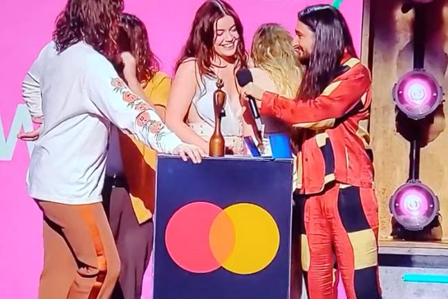 Wet Leg called out the Tories in their acceptance speech at the 2023 Brit Awards. Credit: ITV/ @jude5456/ Twitter