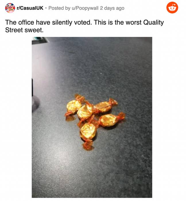 The worst Quality Street sweet is the toffee penny. Credit: Reddit / Poopywall