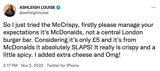 But of course, many are huge fans of the new McCrispy burger. Credit: Twitter