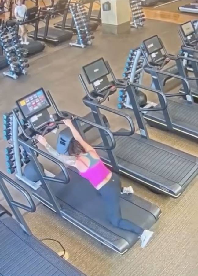 If tripping over on a treadmill wasn't painful enough, one woman managed to complete lose her leggings after they were 'sucked off' by the machine. Credit: Compass Media