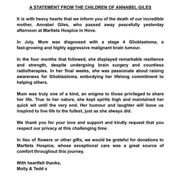 Her family confirmed the sad news in a statement on social media. Credit: X/@Annabel_Giles