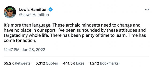 Hamilton has called for calling for 'archaic mindsets' to change. Credit: Twitter/@LewisHamilton