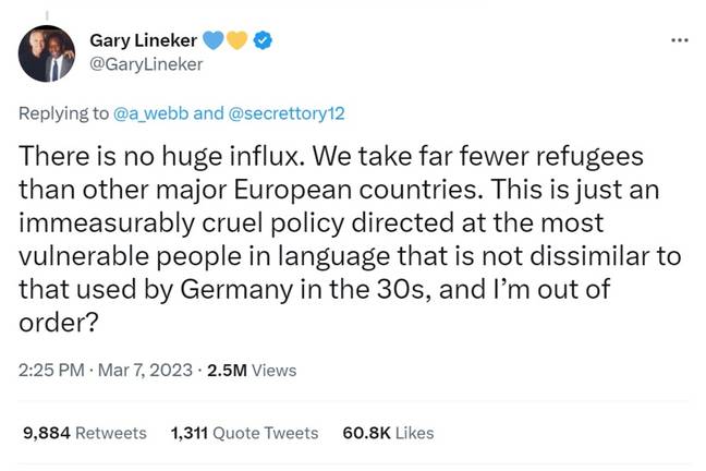 Gary Lineker criticised the government's policy in response to a Home Office video claiming they 'must stop the boats' of migrants attempting to enter the UK. Credit: Twitter/@GaryLineker