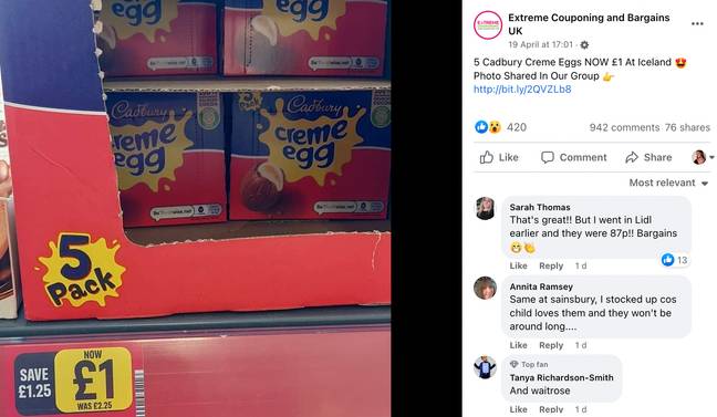 A Facebook group shared the differing prices of Creme Eggs found at multiple supermarkets in the UK. Credit: Extreme Couponing and Bargains UK/ Facebook