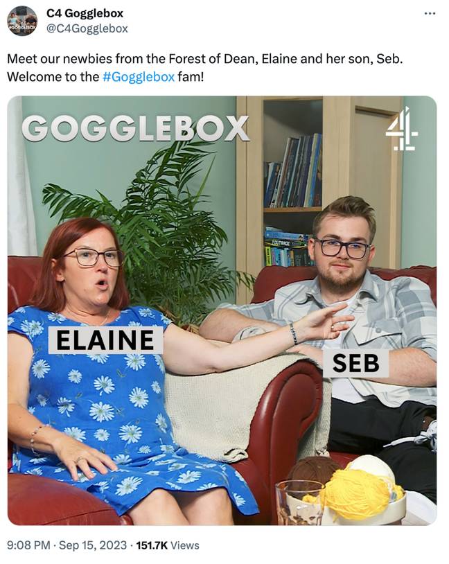 Elaine and Seb are the newest pair to join the Gogglebox settee. Credit: @C4Gogglebox/Twitter