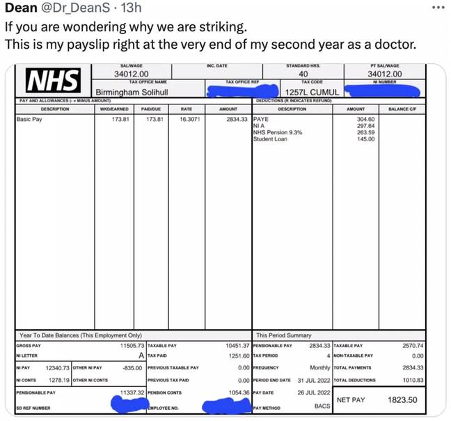 Dean shared his payslip after two years on the job. Credit: Twitter/@Dr_DeanS