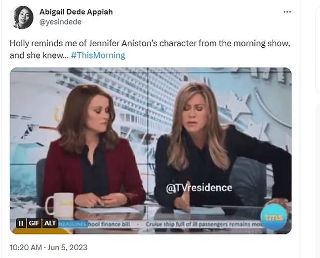 Viewers think Holly Willoughby's statement about Phillip Schofield on This Morning 'mirrored' Jennifer Aniston's in AppleTV+ series The Morning Show. Credit: Twitter
