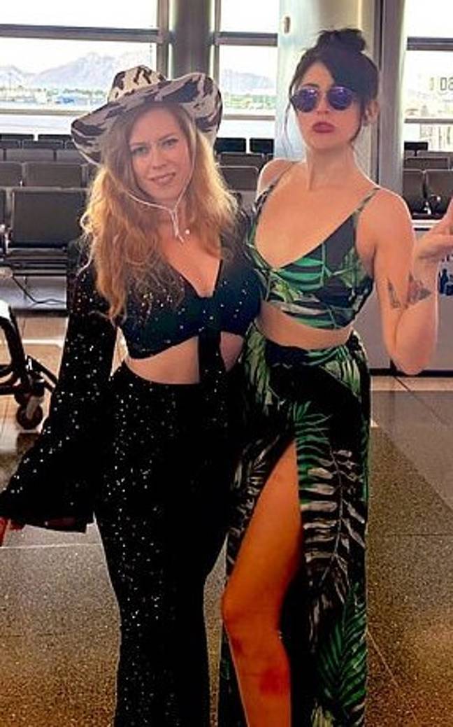 The two travellers said they were 'forced' to change out of their outfits by airport staff. Credit: Twitter/@ChrissieMayr