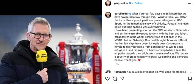 Lineker has since been reinstated at the BBC. Credit: @garylineker/Instagram